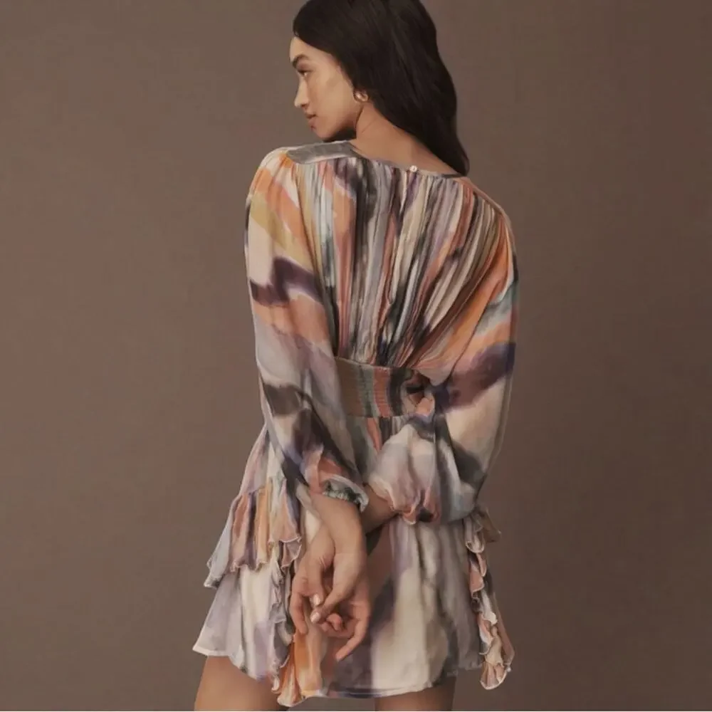 BHLDN Anthropologie Long Sleeve Chiffon Mini Dress Size Small - Picture 2 of 8